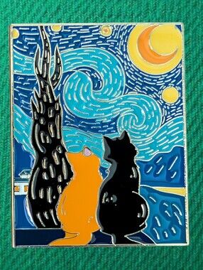 Orange & Black Cats Watching The Moon Enamel Pin - Van Gogh Inspired Background